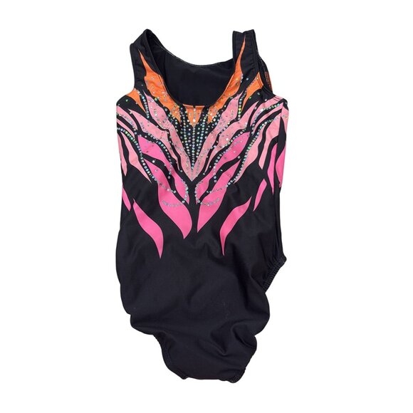 Ozone One-Piece Gymnastics Leotard Black With Pink/Orange Abstract Design & Rhin - Picture 2 of 5